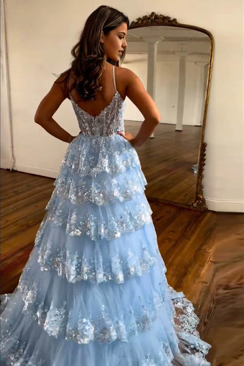 A-Line Spaghetti Straps Princess Long Glitter formal dresses evening gown Prom Dress With Appliques